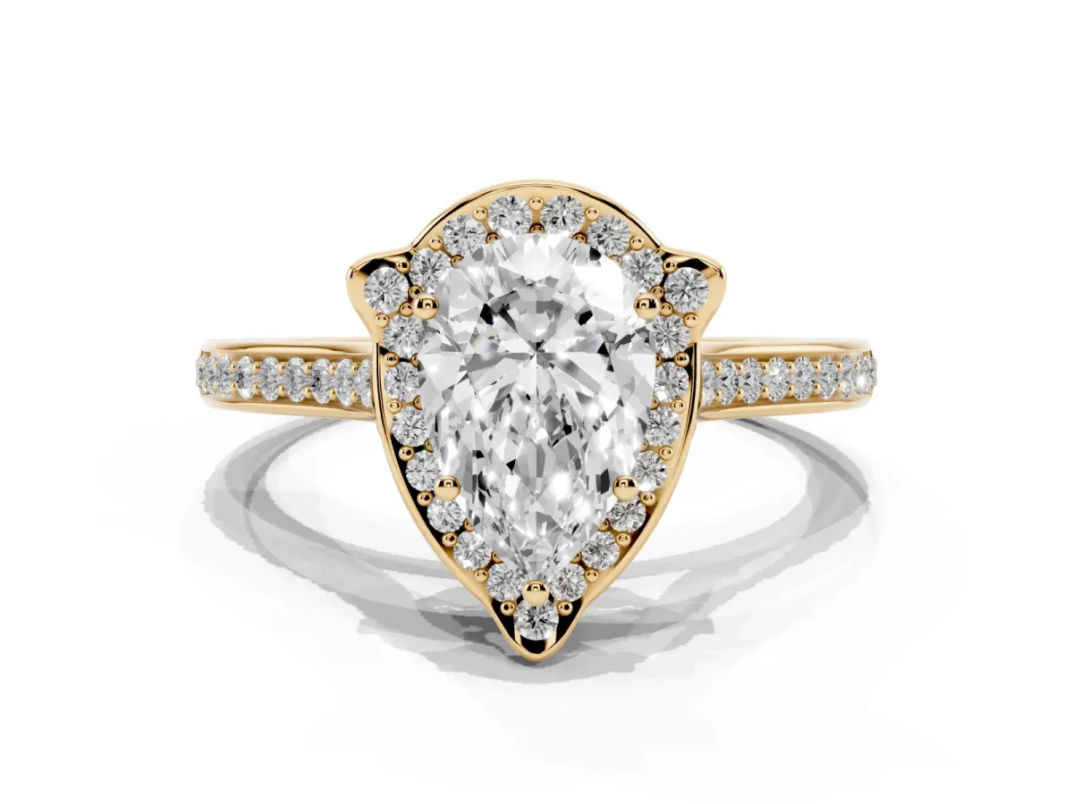 Pear Cut Halo Round Diamond Pave Band with Four-Prong Setting Yellow gold