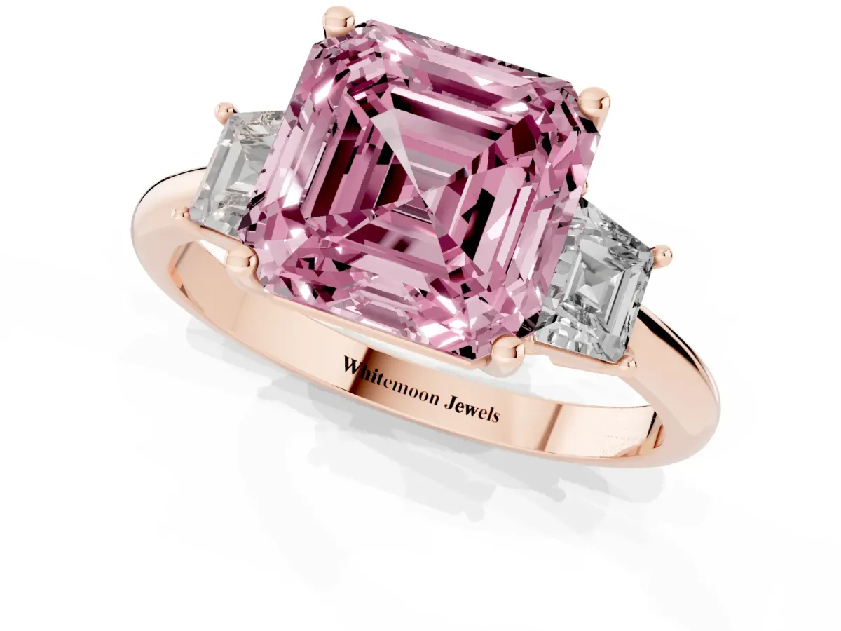 Fancy Pink Asscher Cut Diamond Three-Stone Ring with Trapezoid Side Stones and Prong Setting Rose gold