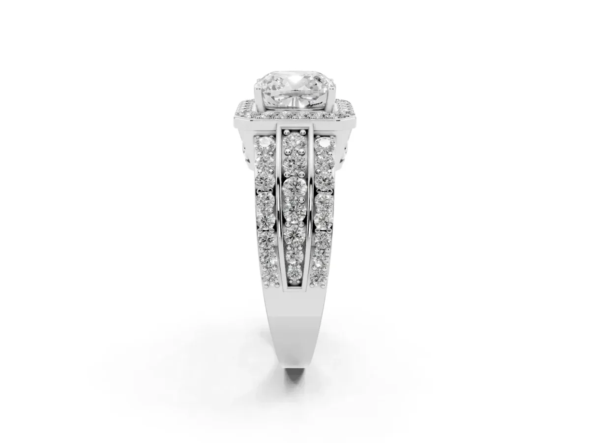 0.5 Carat Cushion Cut Halo Ring with Round Split Shank and Prong Setting White gold