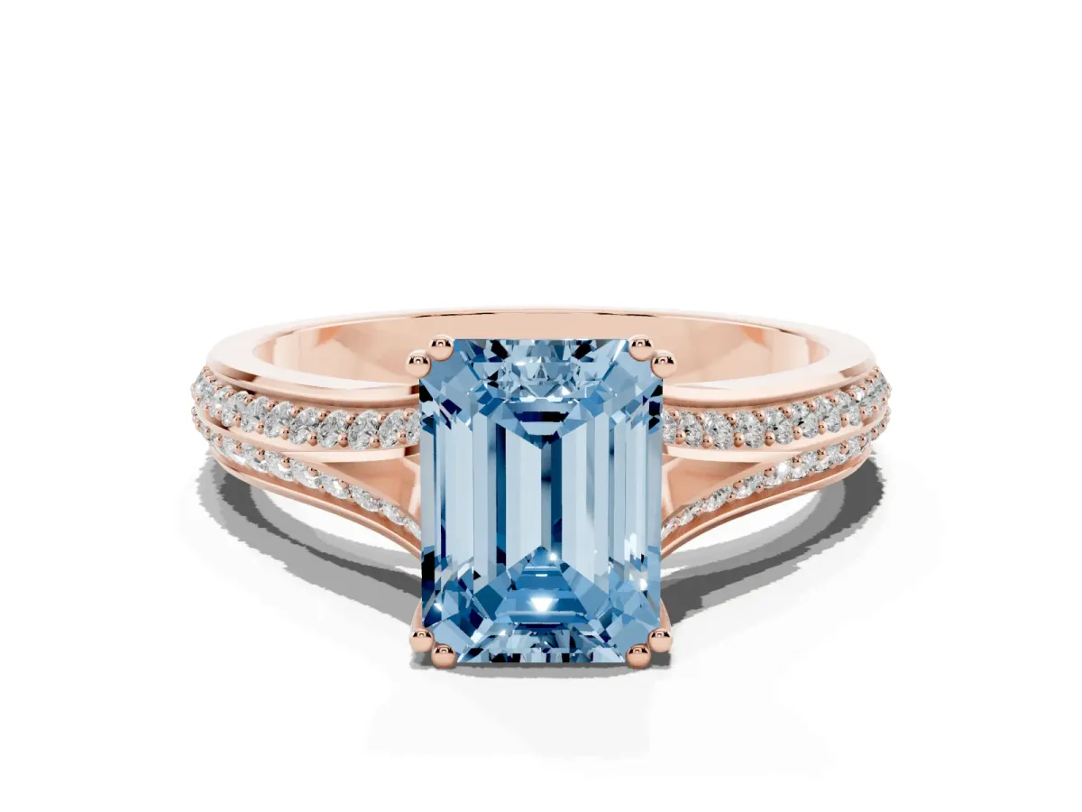 Fancy Blue Emerald Cut Diamond Split Shank Engagement Ring with Pavé Band Rose gold