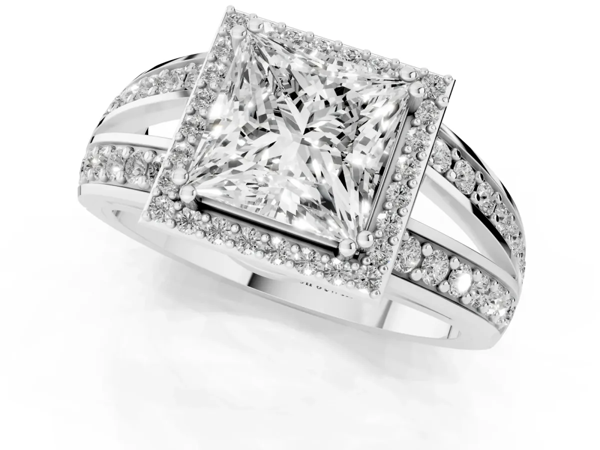 Princess Cut Diamond Halo Ring with Split Shank Pavé Band and Four-Prong Setting White gold