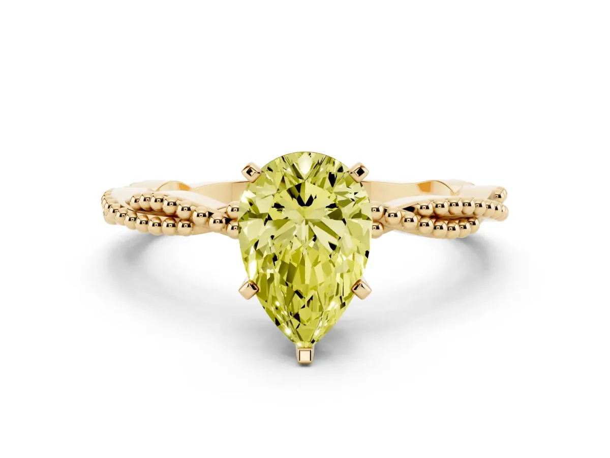 Fancy Yellow Pear Cut Solitaire Twisted Band with Bead Prong Setting Yellow gold