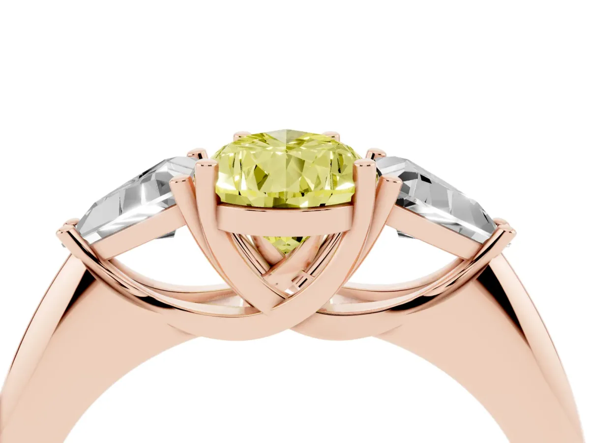 Fancy Yellow Three-Stone Pear Cut Diamond Engagement Ring with Trillion Side Stones and Prong Setting Rose gold