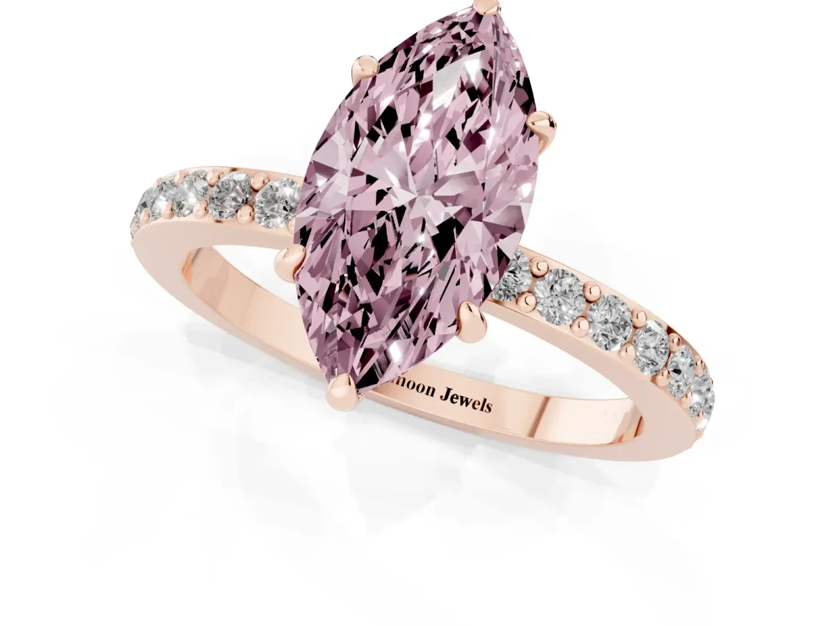 Fancy Pink Marquise Cut Diamond Pavé Engagement Ring with Round Accents and Prong Setting Rose gold