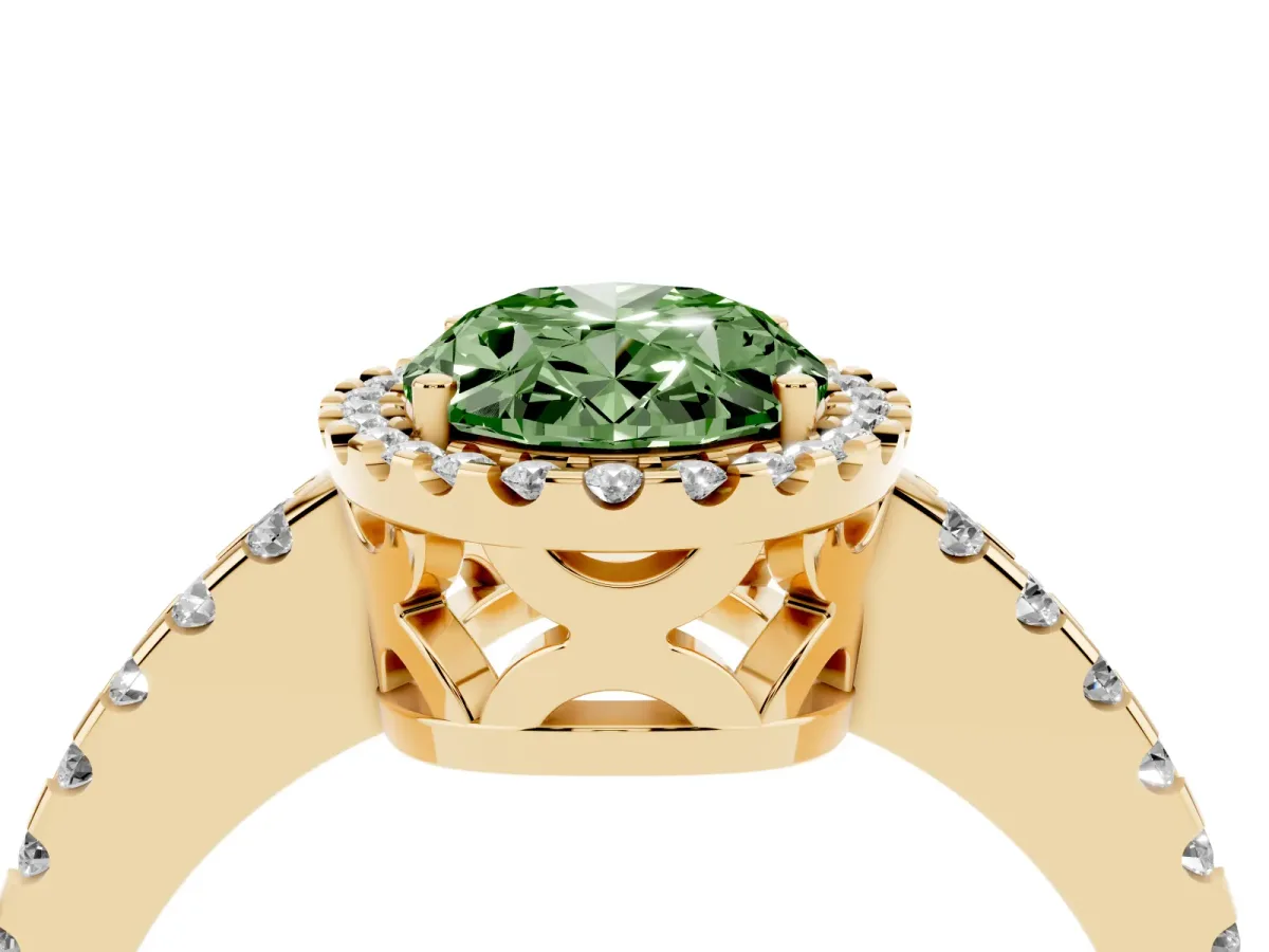 Fancy Green Oval Cut Diamond Halo Engagement Ring with Pavé Band and Prong Setting Yellow gold