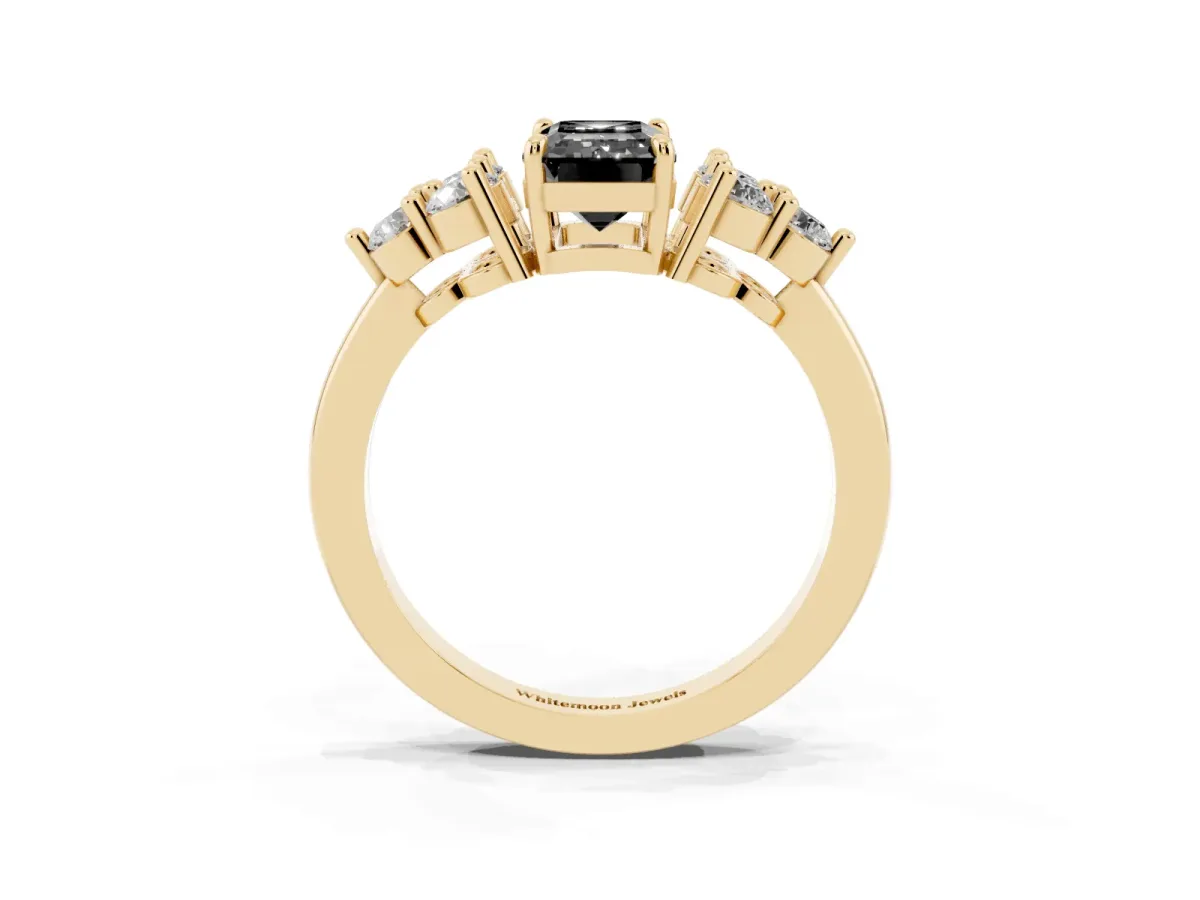 Fancy Black Emerald Cut Brilliant Diamond Cluster Accent Solitaire Ring with Prong Setting Yellow gold