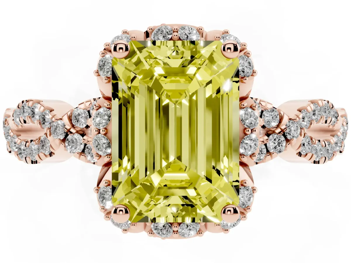 Fancy Yellow Emerald Cut Halo Twist Band Solitaire Ring with Six-Prong Setting Rose gold
