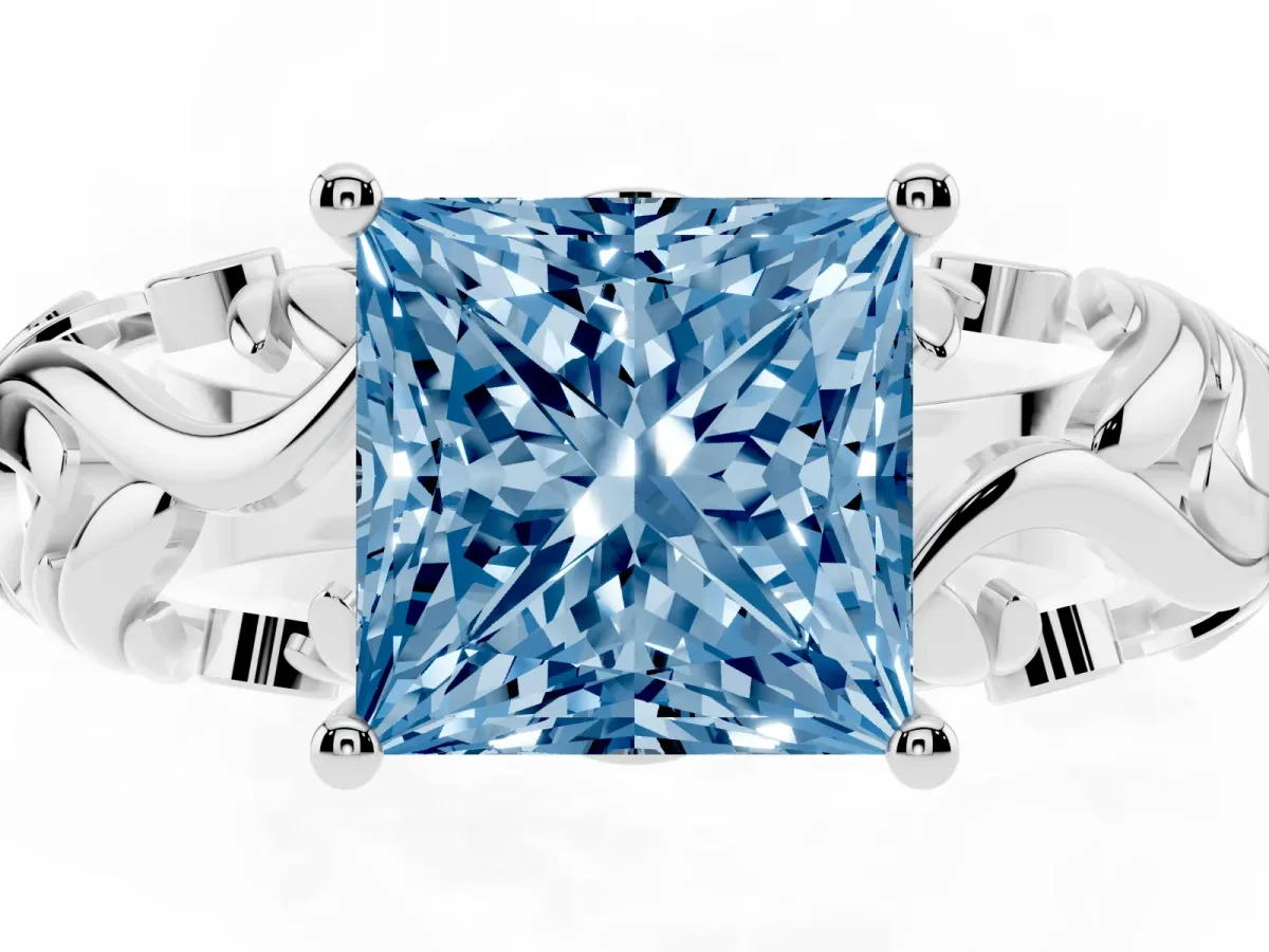 Fancy Blue Princess Cut Solitaire Diamond Leaf-Inspired Vine Band Ring with Prong Setting Silver