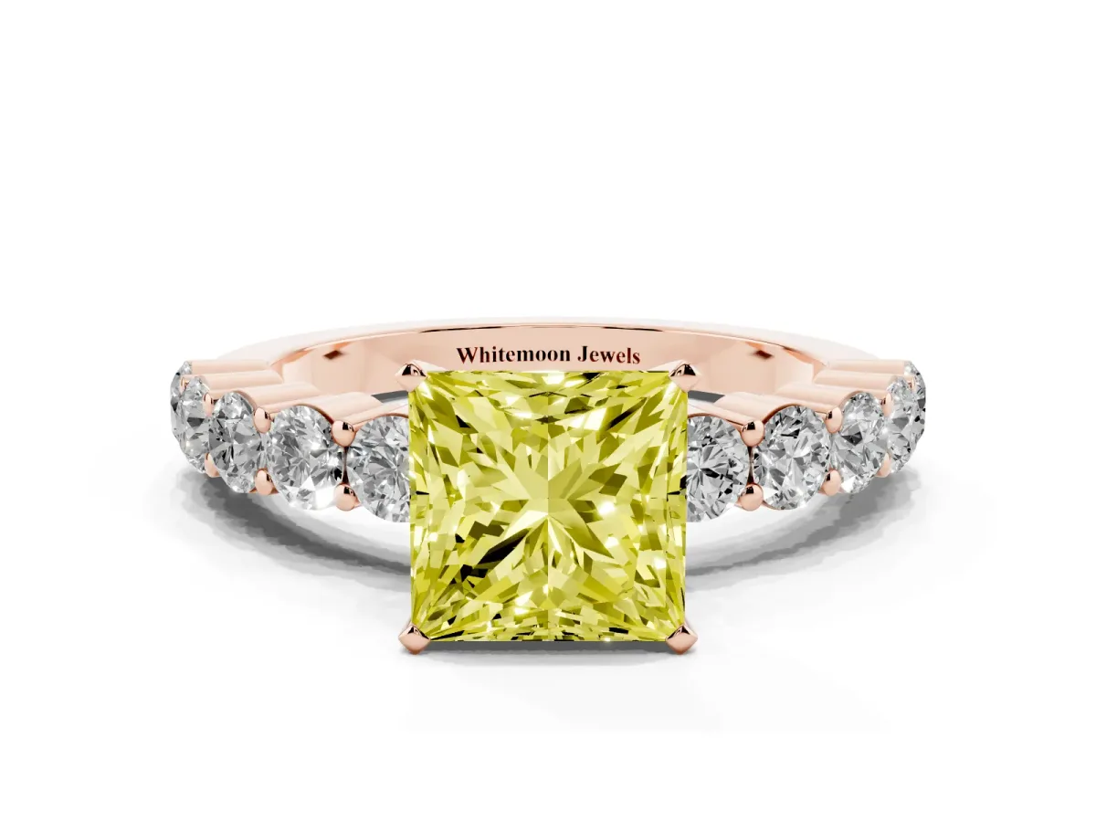 Fancy Yellow Princess Cut Diamond Solitaire Ring with Shared Prong Round Side Stones Rose gold