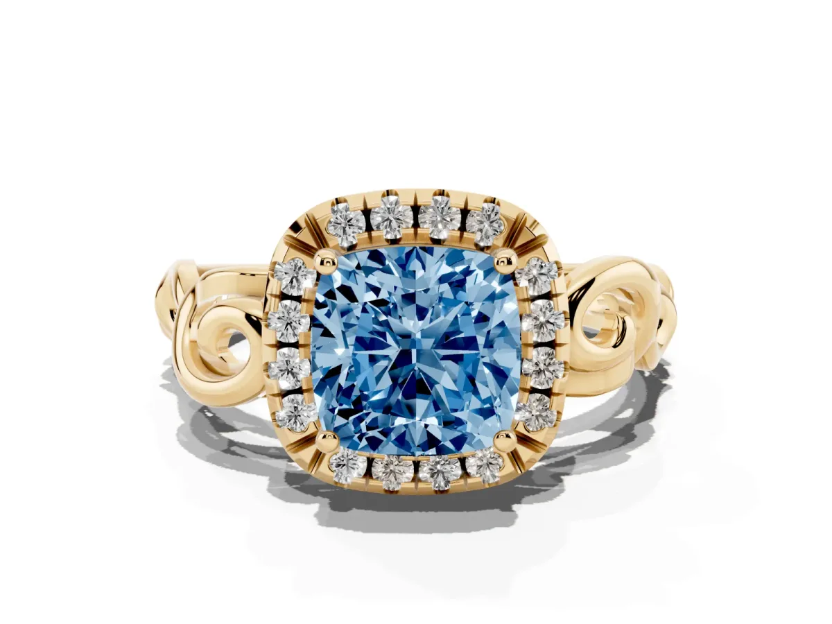 Fancy Blue Cushion Cut Cut Halo Diamond Ring with Scrollwork Band and Four-Prong Setting Yellow gold