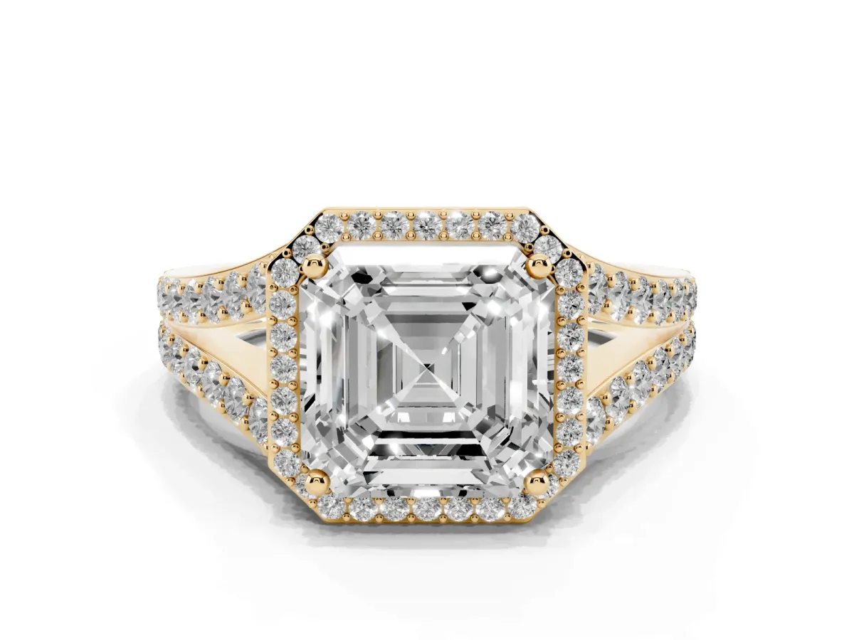 Asscher Cut Diamond Split Shank Halo Ring with Four-Prong Setting Yellow gold