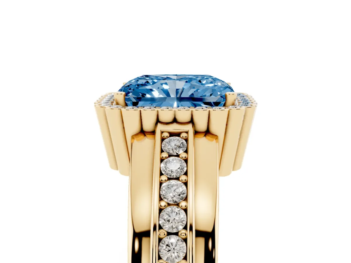 Fancy Blue Radiant Cut Cut Halo Pave Band Four-Prong Ring Yellow gold