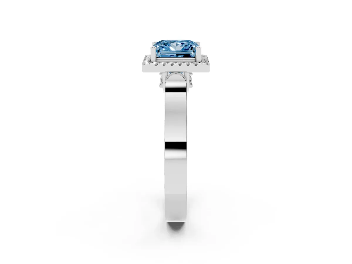 Fancy Blue Princess Cut Halo Round Diamond Twist Band with Four-Prong Setting White gold