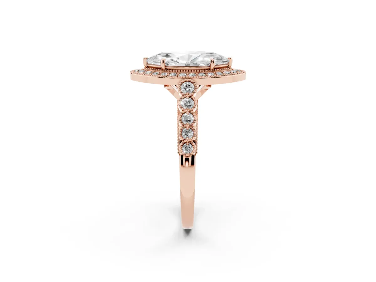 Marquise Cut Halo Milgrain Solitaire with Bezel Set Side Stones and Pave Band Rose gold