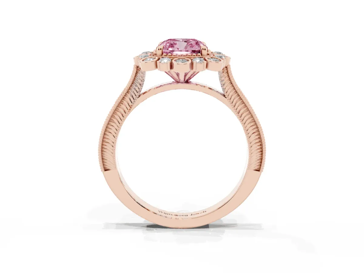 Fancy Pink Cushion Cut Halo Milgrain Pave Diamond Ring with Four-Prong Setting Rose gold
