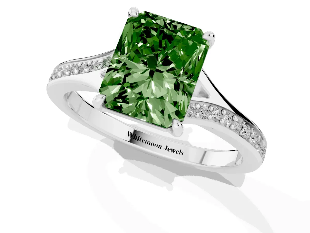Fancy Green Radiant Cut Diamond Solitaire Ring with Pavé Band and Prong Setting Silver