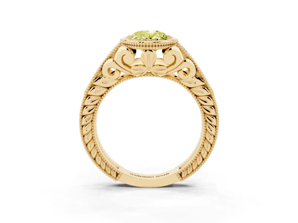 Fancy Yellow Bezel Set Oval Cut Diamond Milgrain Pave Engagement Ring Yellow gold