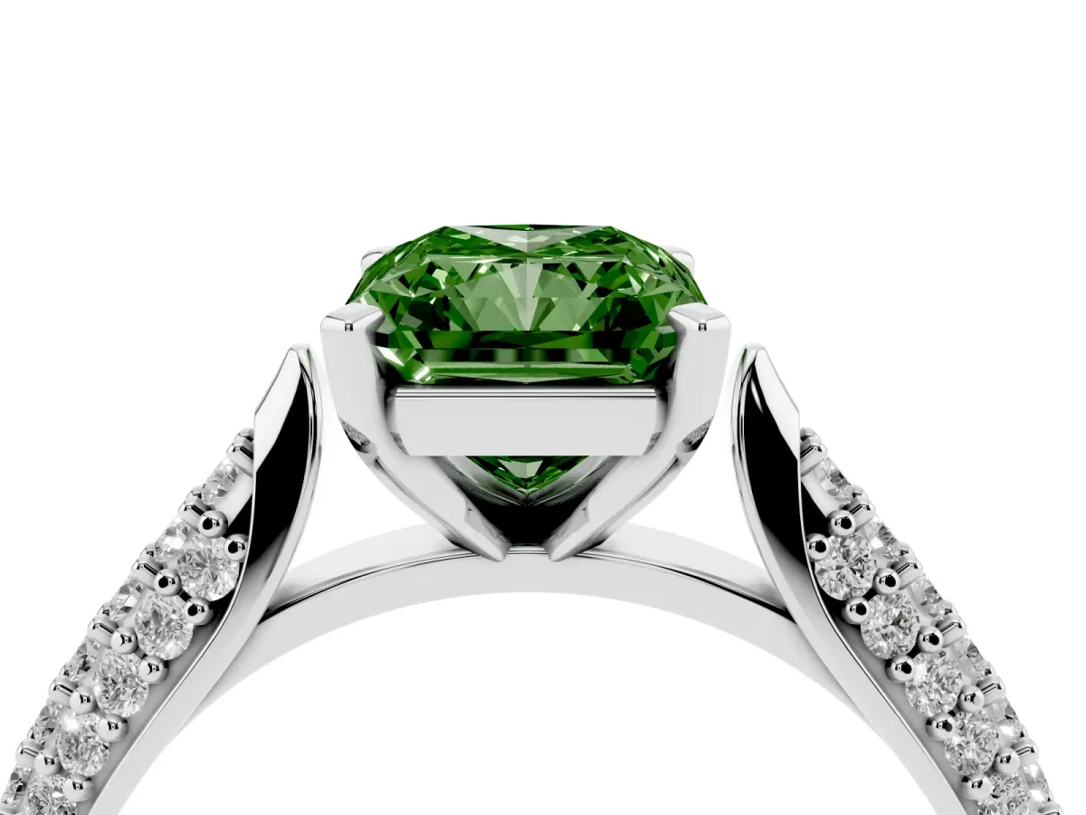 Fancy Green Radiant Cut Diamond Solitaire Engagement Ring with Multi-Row Round Pavé Band and Prong Setting White gold