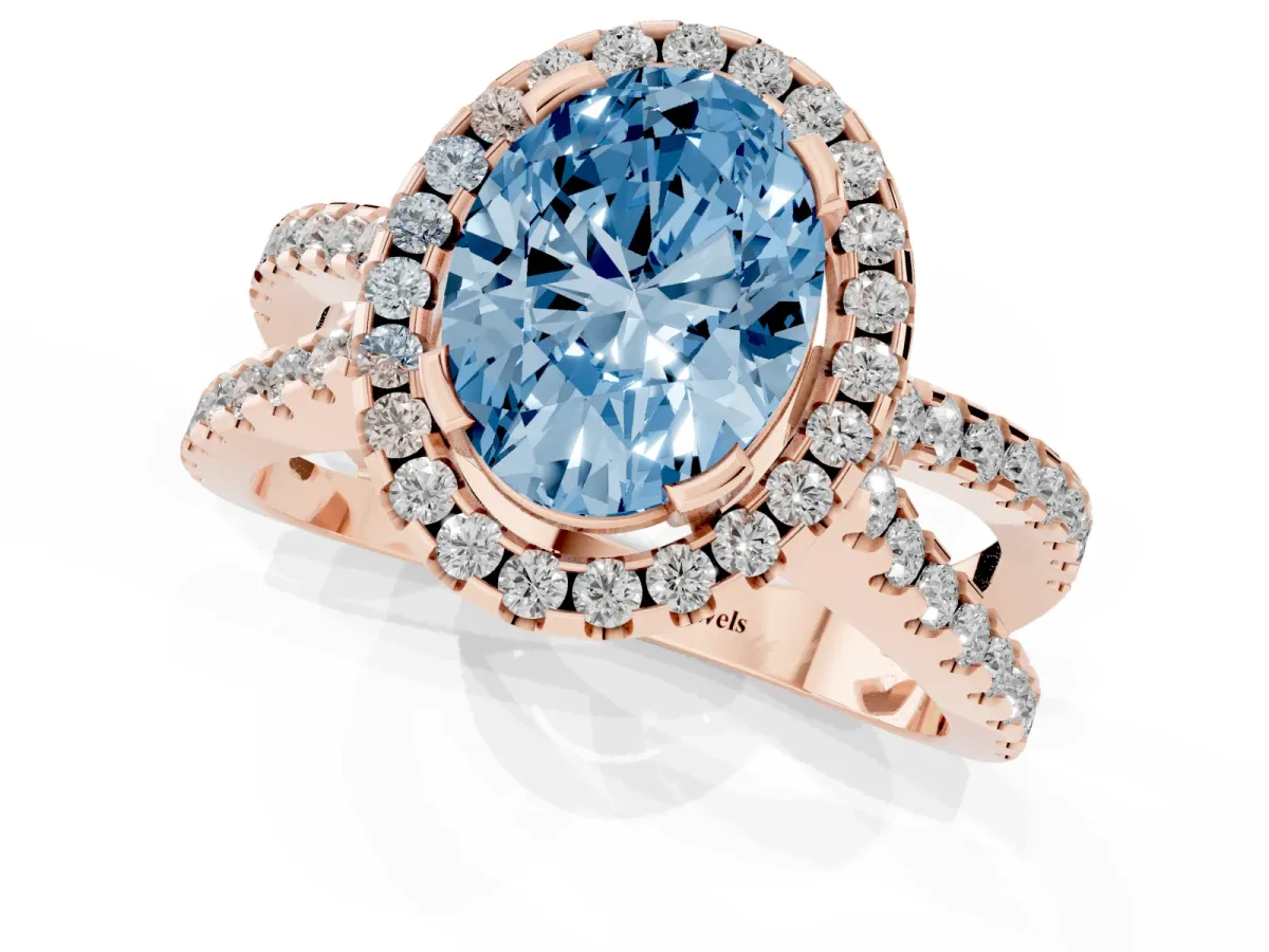 Fancy Blue Oval Cut Diamond Halo Ring with Split Shank Pavé Band and Prong Setting Rose gold