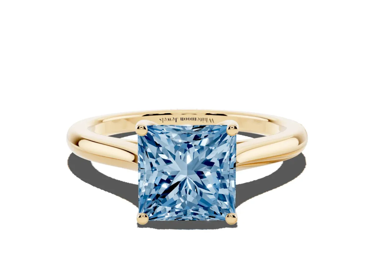 Fancy Blue Princess Cut Cut Solitaire Ring with Cathedral Band and Four-Prong Setting Yellow gold