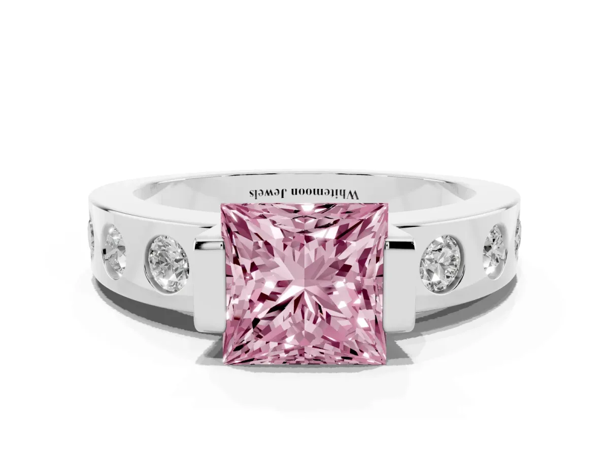 Fancy Pink Princess Cut Brilliant Channel-Set Diamond Ring with Bezel Prong Setting Silver