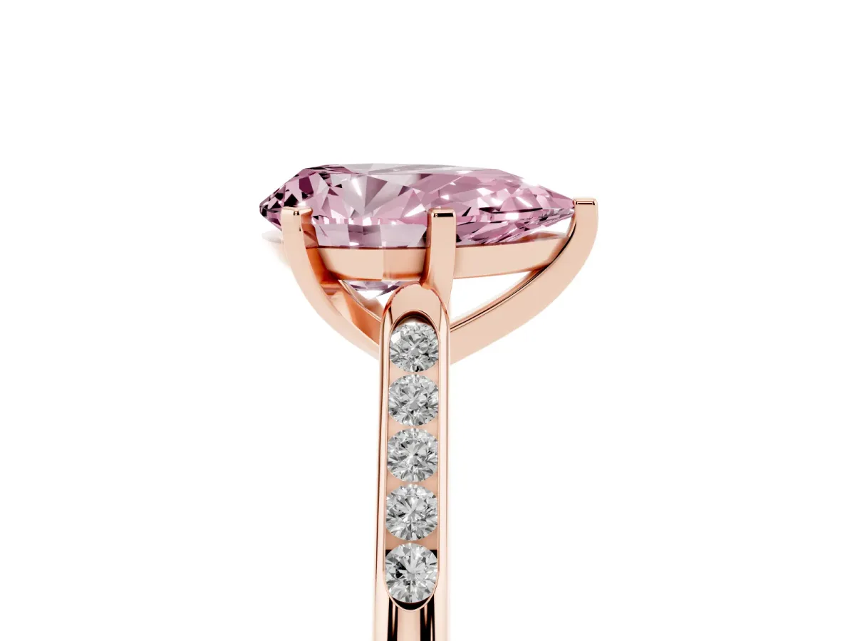 Fancy Pink Pear Cut Diamond Solitaire Ring with Channel Set Round Band and Prong Setting Rose gold