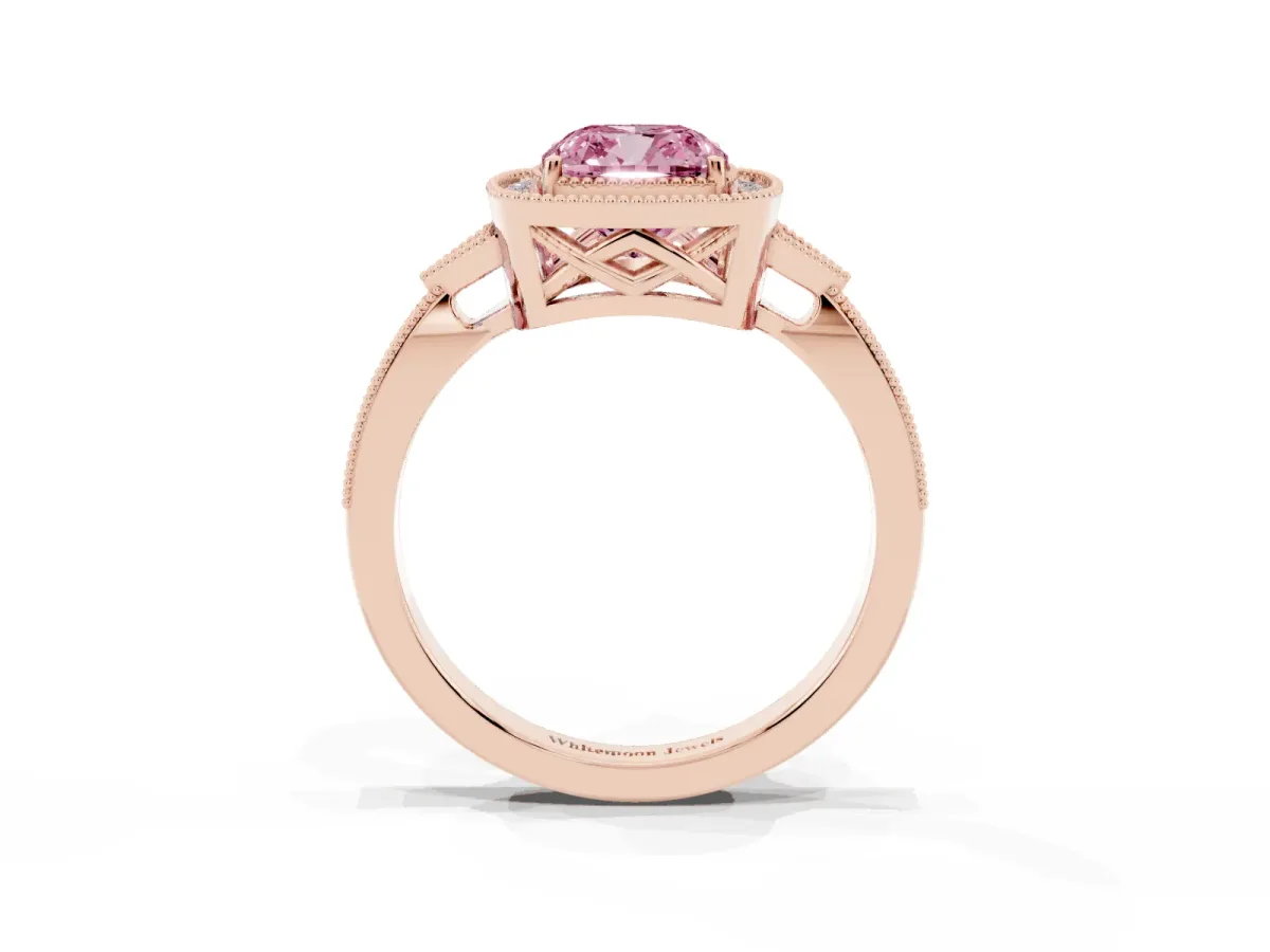 Fancy Pink Cushion Cut Halo Round Diamond Milgrain Pave Engagement Ring Rose gold