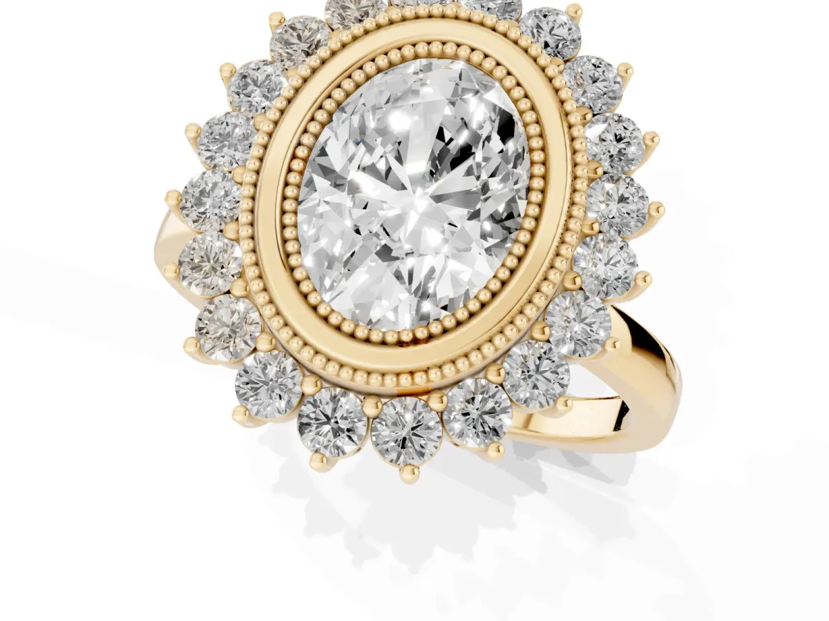 Oval Cut Halo Diamond Ring with Milgrain Edge and Round Prong Setting Yellow gold