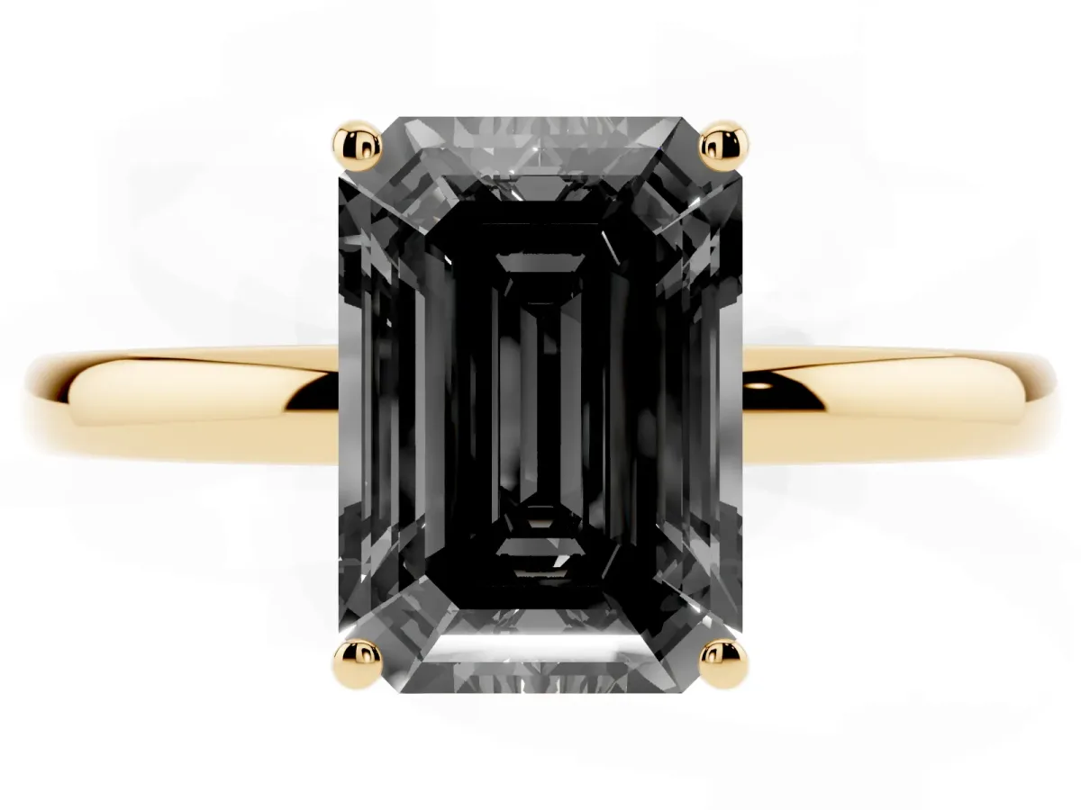 Fancy Black Emerald Cut Solitaire Diamond Ring with Prong Setting and Plain Band Yellow gold