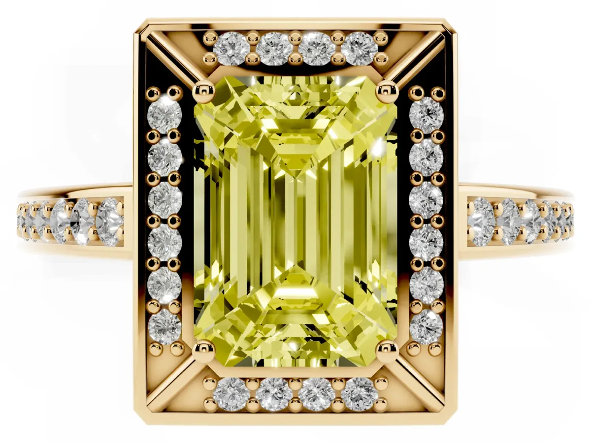 Fancy Yellow Emerald Cut Cut Halo Pave Split Shank Prong Setting Ring Yellow gold