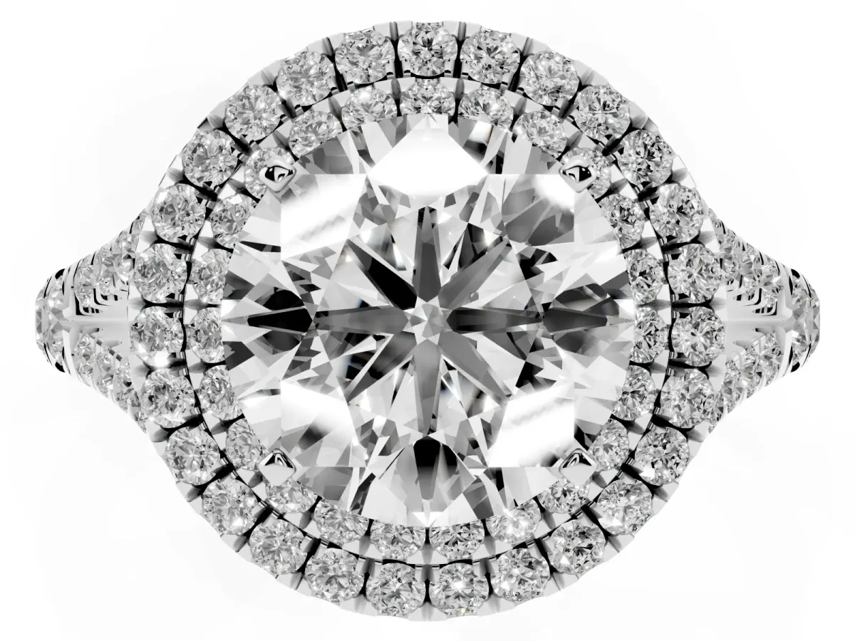 Round Cut Diamond Double Halo Ring with Split Shank and Prong Setting Silver