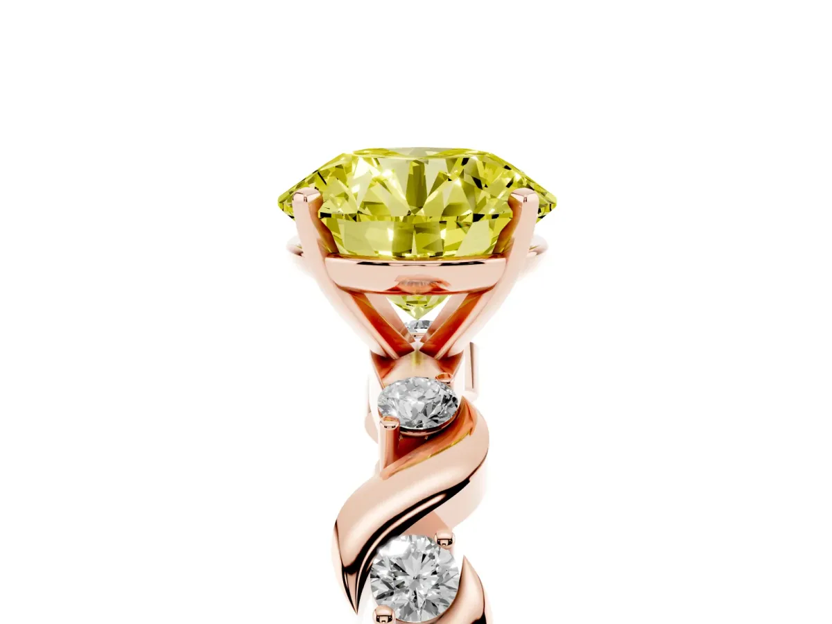 Fancy Yellow Round Cut Diamond Solitaire Twisted Band with Round Accents and Prong Setting Rose gold