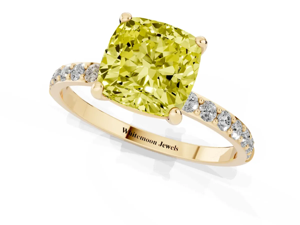 Fancy Yellow Cushion Cut Diamond Solitaire Ring with Round Pavé Band and Prong Setting Yellow gold