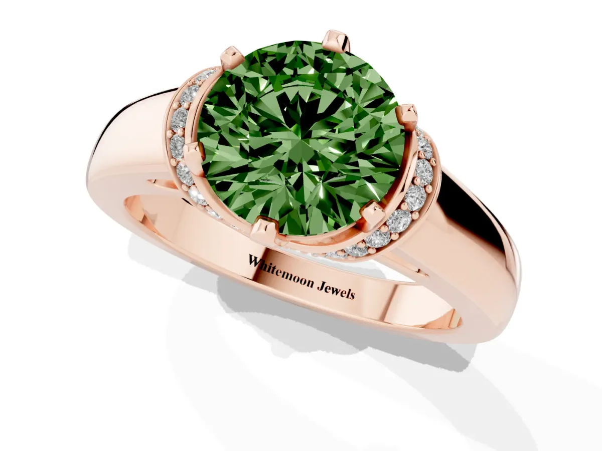 Fancy Green Round Cut Solitaire Diamond Ring with Pave Band and Six-Prong Setting Rose gold