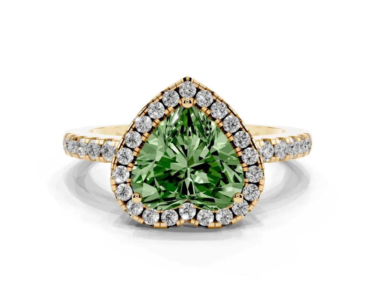 Fancy Green Heart Cut Halo Diamond Engagement Ring with Pavé Band and Four-Prong Setting Yellow gold