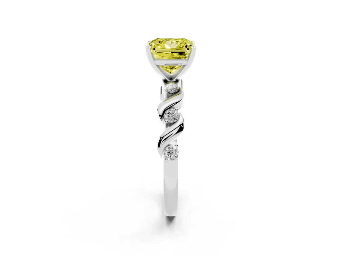 Fancy Yellow Princess Cut Diamond Solitaire Twisted Band with Round Accents and Prong Setting Silver