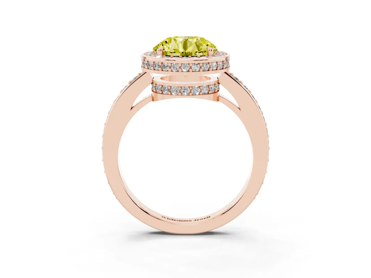 Fancy Yellow Round Cut Halo Pave Band Solitaire Ring with Prong Setting Rose gold
