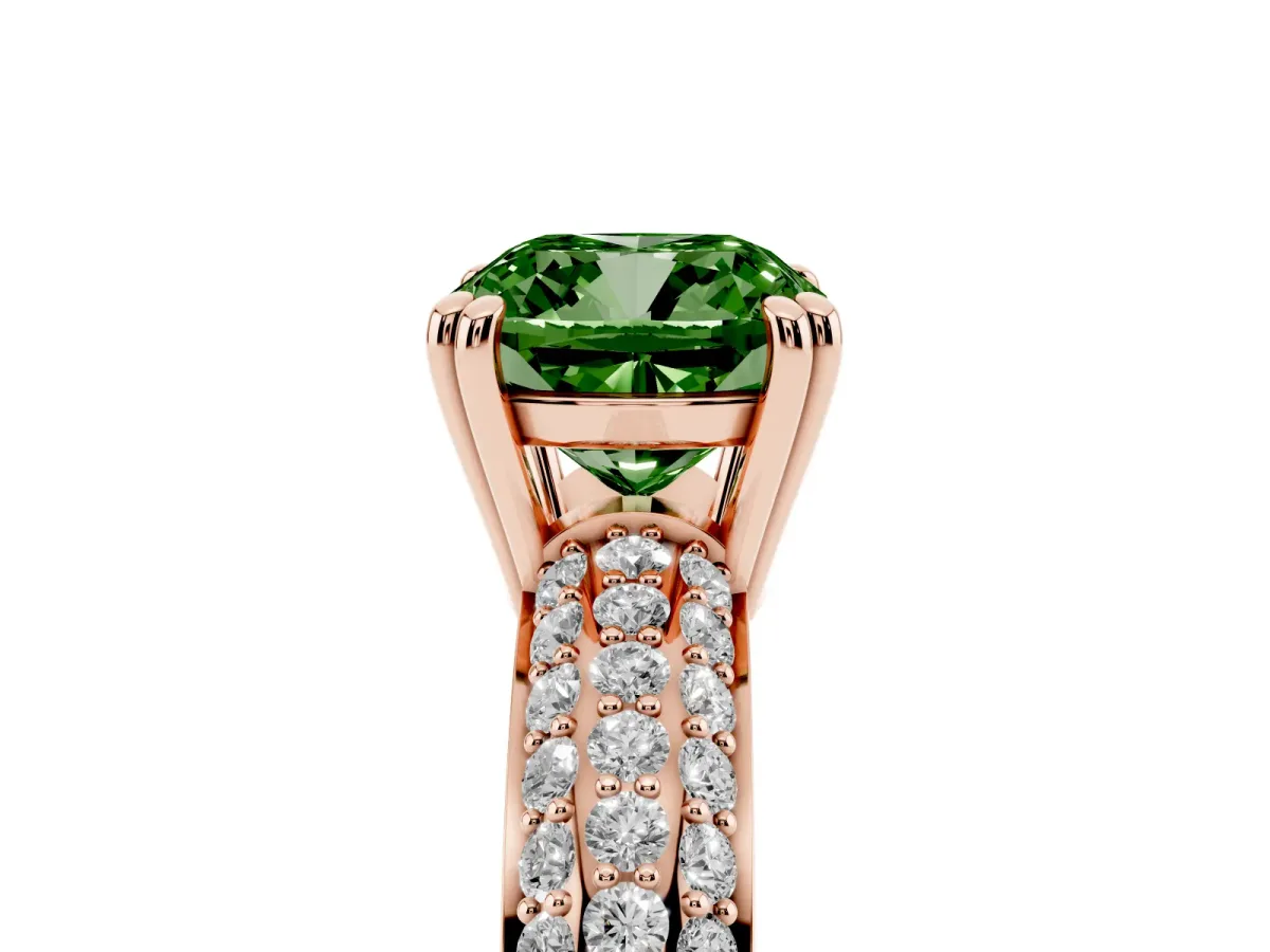 Fancy Green Cushion Cut Diamond Solitaire Ring with Multi-Row Round Pavé Band and Prong Setting Rose gold
