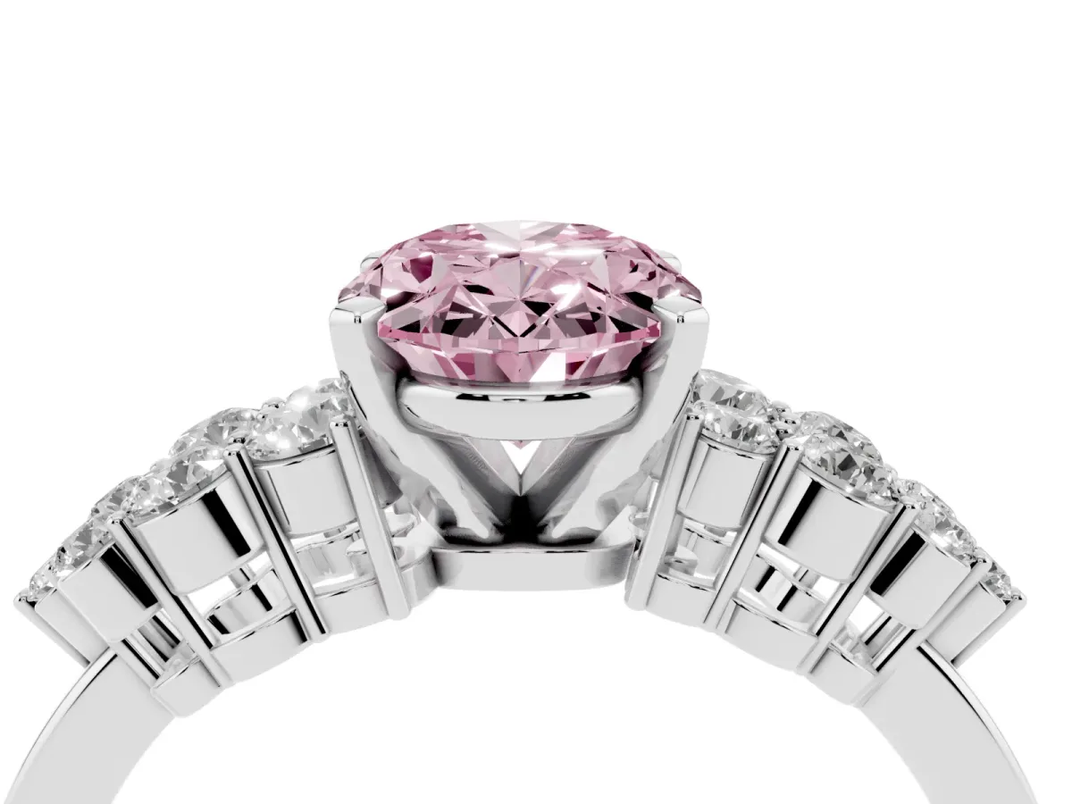 Fancy Pink Oval Cut Cluster Diamond Engagement Ring with Pavé Band and Four-Prong Setting Platinum