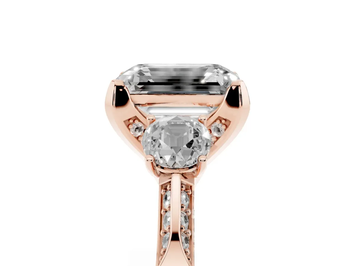 Fancy Blue Emerald Cut Brilliant Three-Stone Diamond Ring with Pavé Band and Four-Prong Setting Rose gold