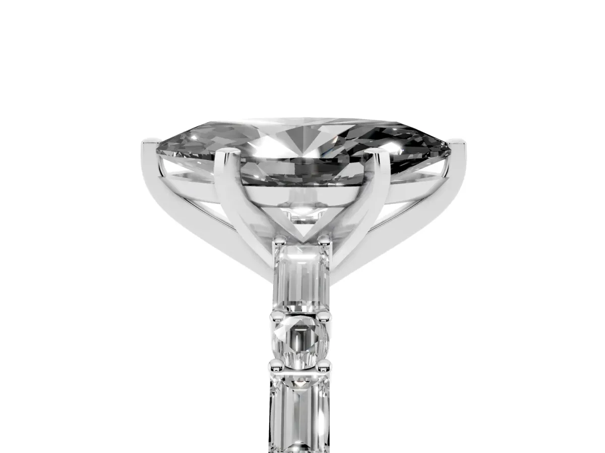 Fancy Black Marquise Cut Diamond Solitaire with Side Baguettes and Channel Set Band Silver