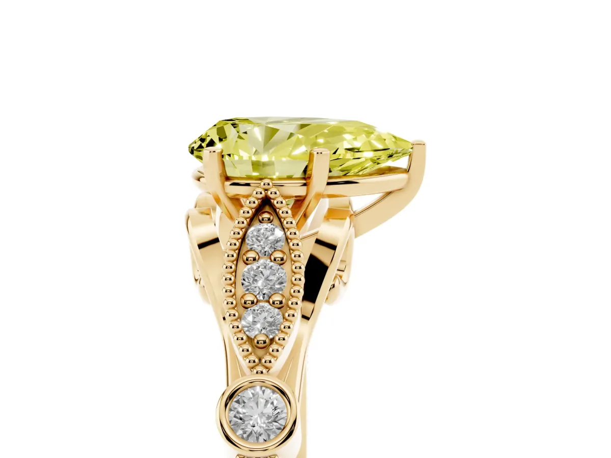 Fancy Yellow Pear Cut Cut Diamond with Milgrain Marquise and Bezel Accents on a Solitaire Band with Prong Setting Yellow gold