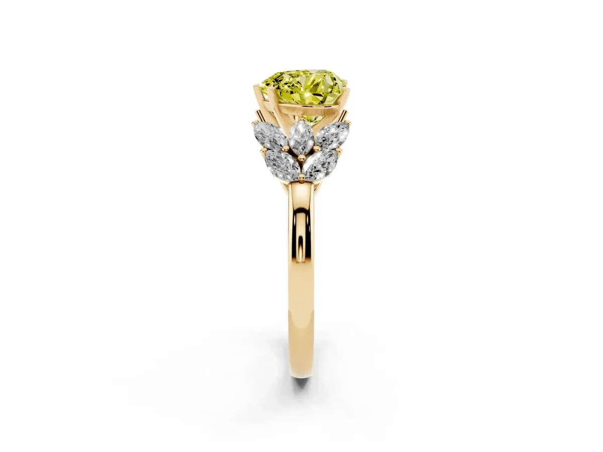 Fancy Yellow Heart Cut Diamond Cluster Leaf Design Ring with Prong Setting Yellow gold