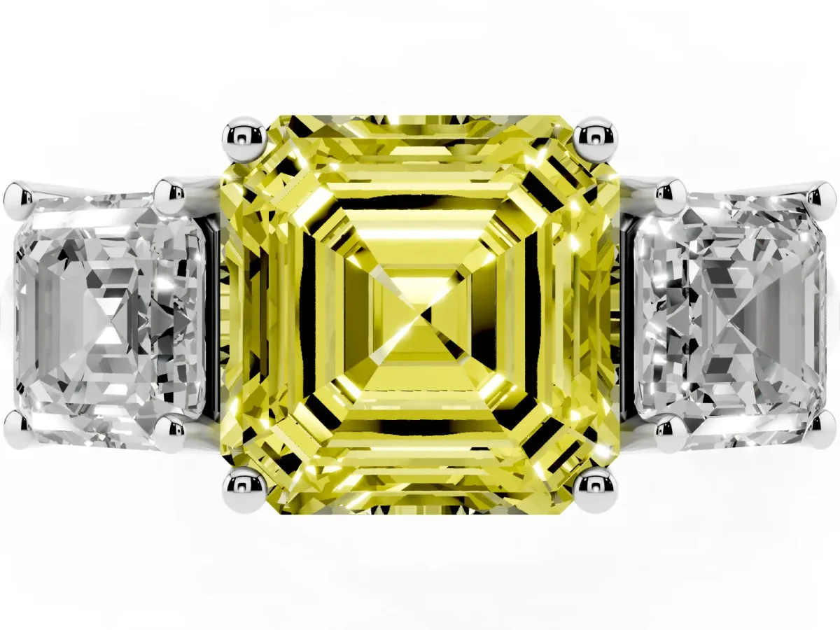 Fancy Yellow Three-Stone Asscher Cut Diamond Engagement Ring with Prong Setting Silver