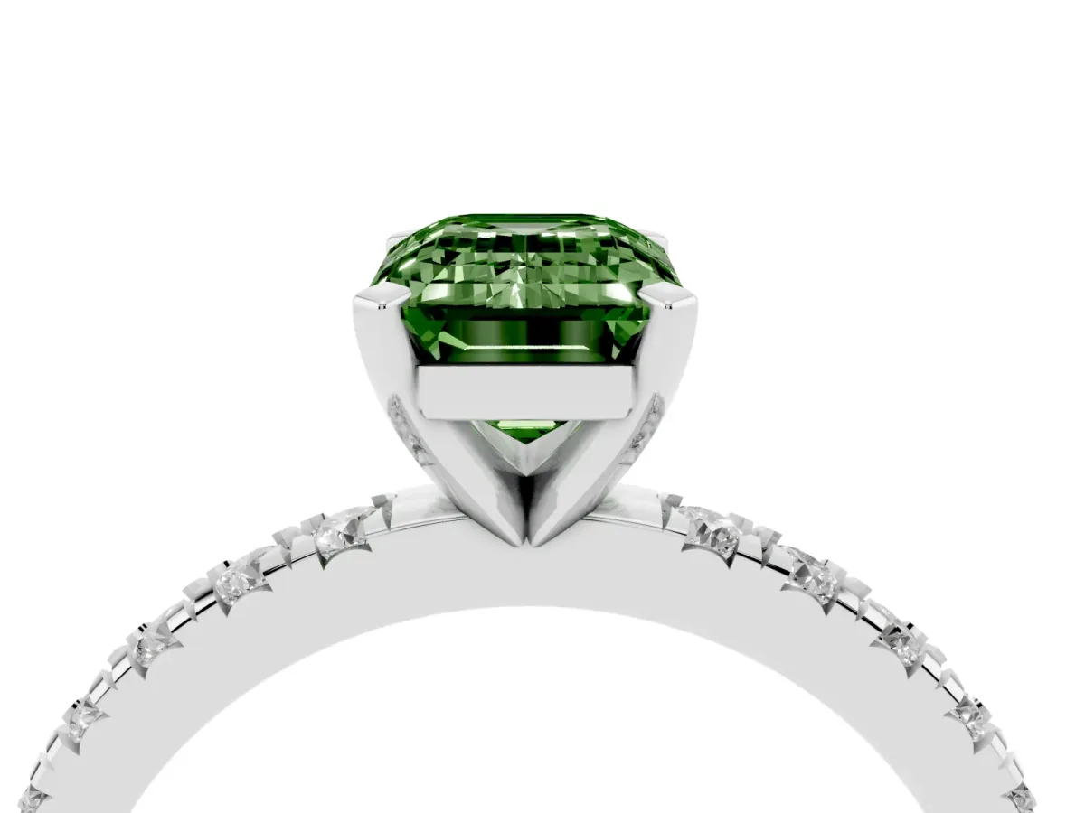 Fancy Green Emerald Cut Diamond Pavé Band Solitaire with Four-Prong Setting Platinum
