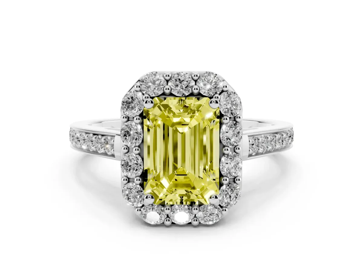 Fancy Yellow Emerald Cut Diamond Floral Halo Ring with Pavé Band and Prong Setting Silver