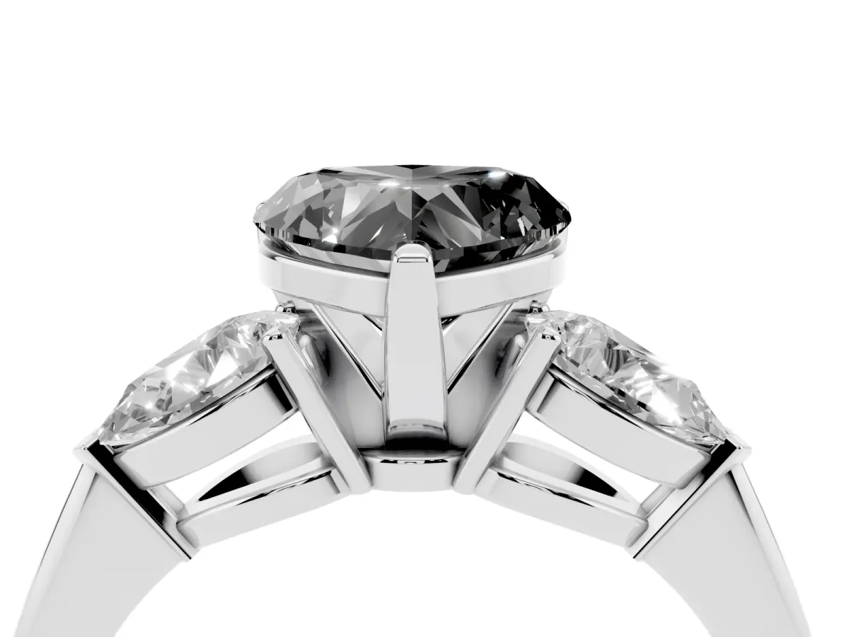 Fancy Black Three-Stone Heart Cut Diamond Ring with Pear Side Stones and Four-Prong Setting Silver