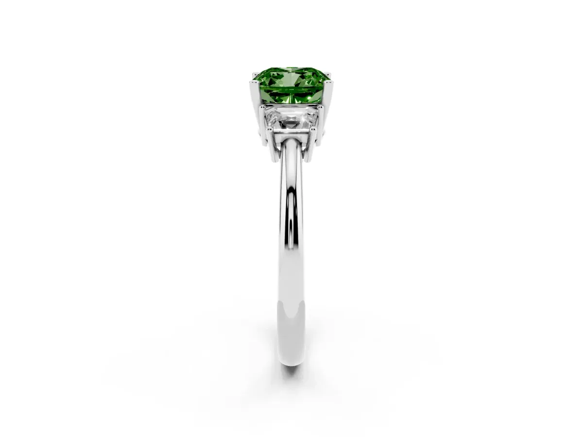 Fancy Green Cushion Cut Diamond Three-Stone Ring with Trapezoid Side Stones and Prong Setting Silver