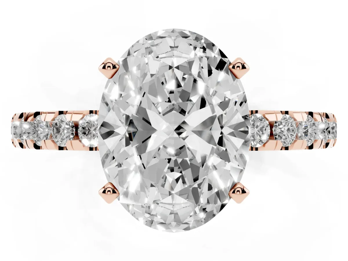 Oval Cut Diamond Solitaire Ring with Round Pavé Band and Four-Prong Setting Rose gold