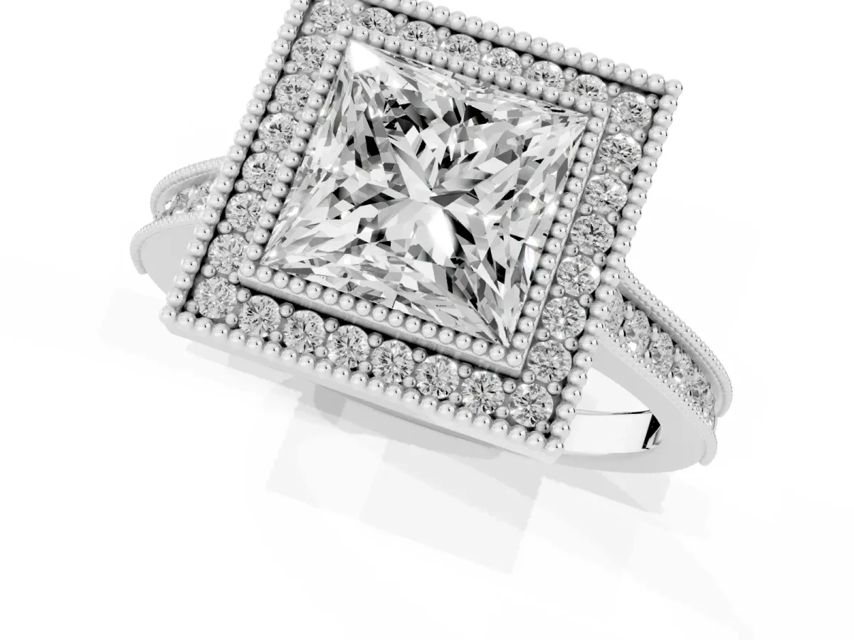 Halo Princess Cut-Cut Diamond Pave Band Milgrain Prong Setting Ring Silver